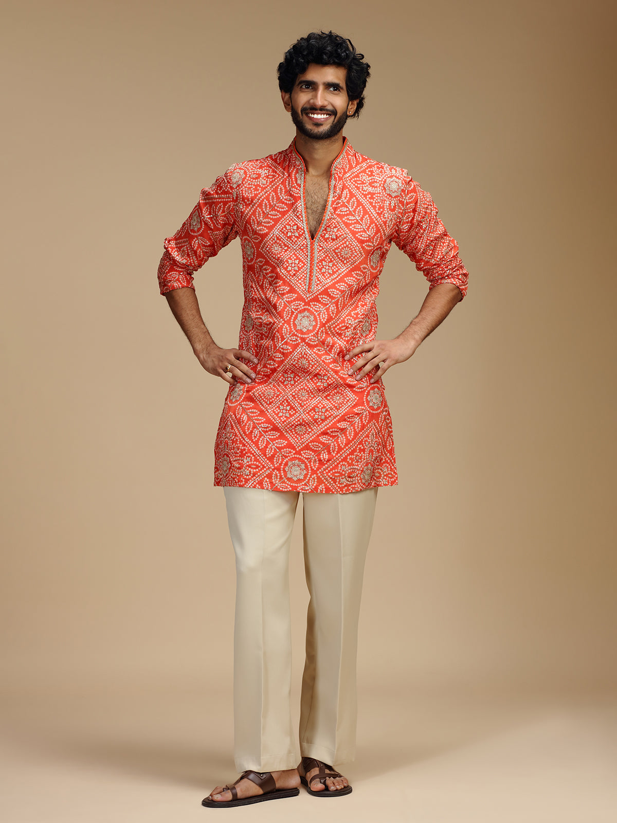 Orange pure crepe mens kurta suit with bandhani design