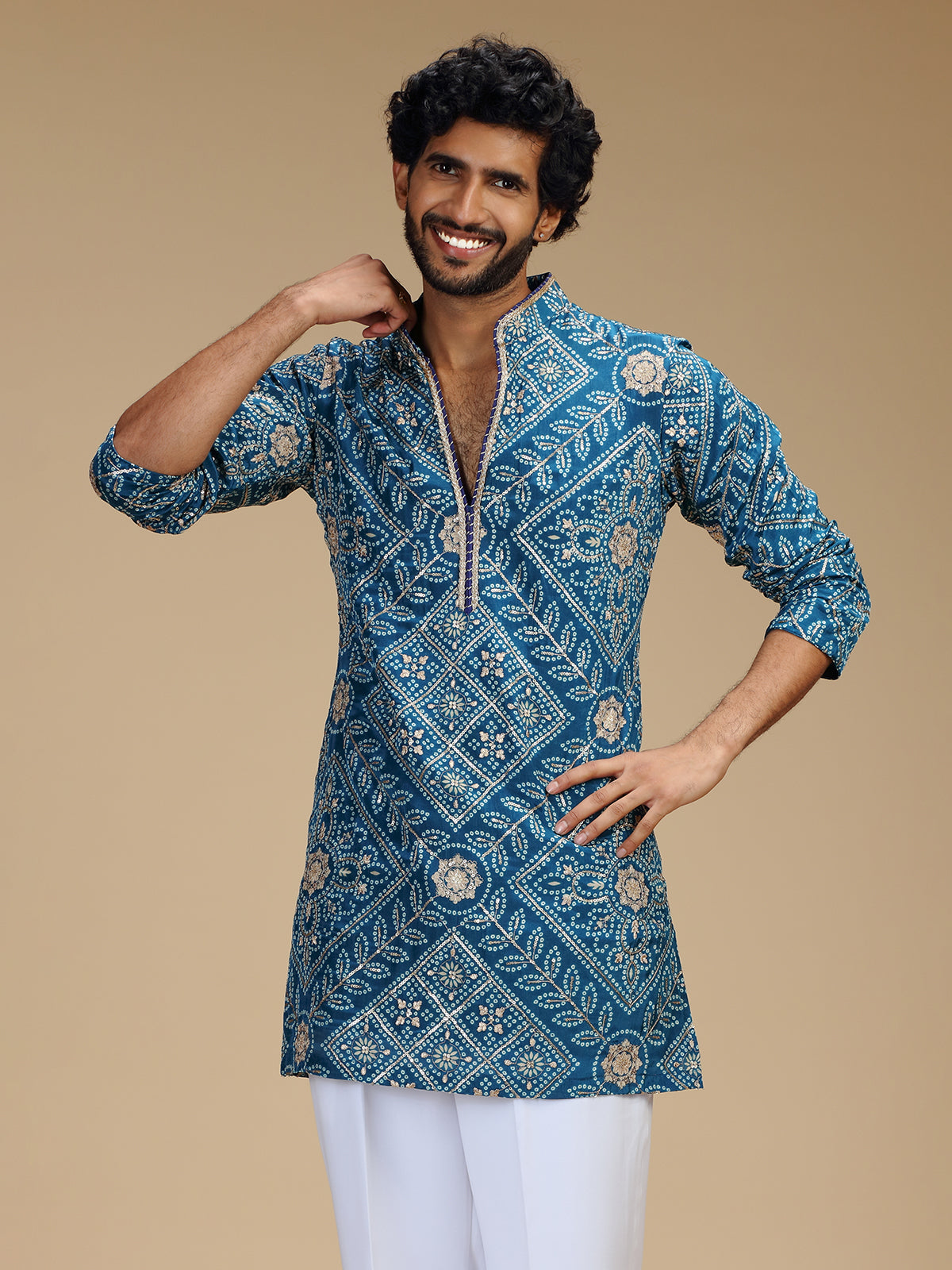 Blue pure crepe mens kurta suit with floral bandhani print