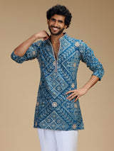 Blue pure crepe mens kurta suit with floral bandhani print