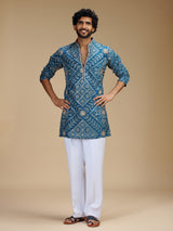 Blue pure crepe mens kurta suit with floral bandhani print