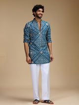 Blue pure crepe mens kurta suit with floral bandhani print