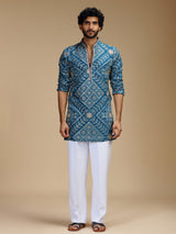 Blue pure crepe mens kurta suit with floral bandhani print