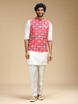 Pink and white polyester silk mens waistcoat set