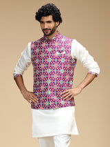 Purple and white polyester silk mens nehru jacket set