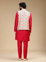 Red and white polyester silk mens waistcoat set