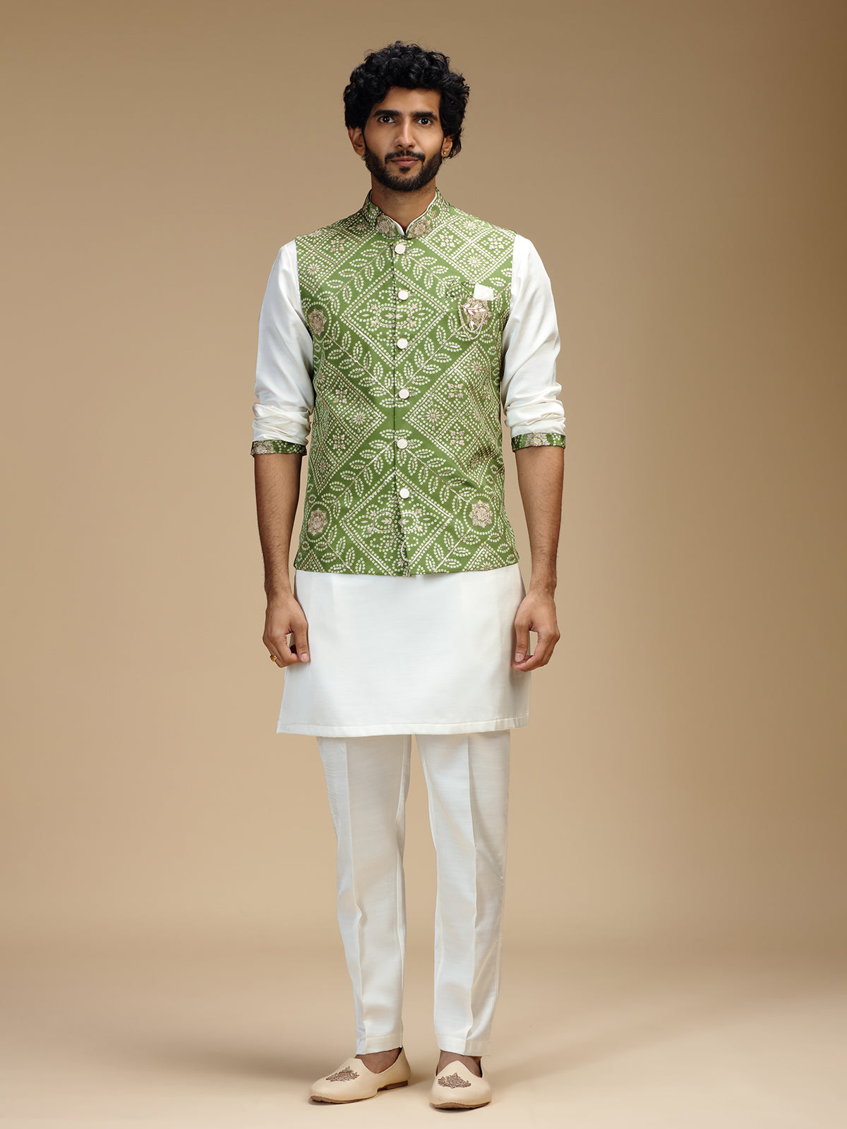Green and white cotton silk mens waistcoat set