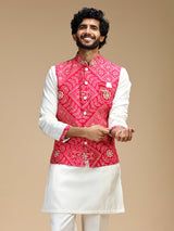 Magenta and white cotton silk mens nehru jacket set