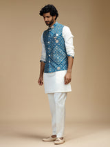 White and blue cotton silk mens waistcoat set