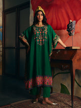 Mehendi green womens kaftan style suit with floral embroidery