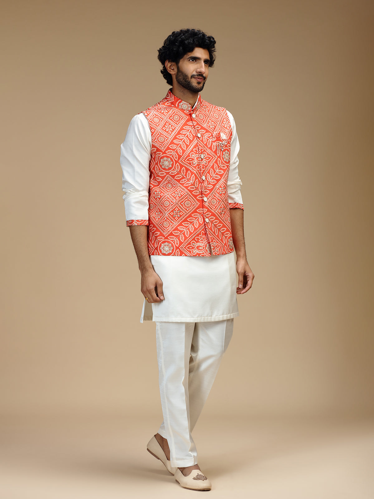 Orange and white cotton silk mens nehru jacket set