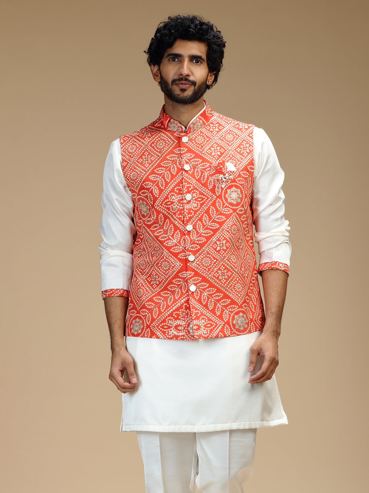 Orange and white cotton silk mens nehru jacket set