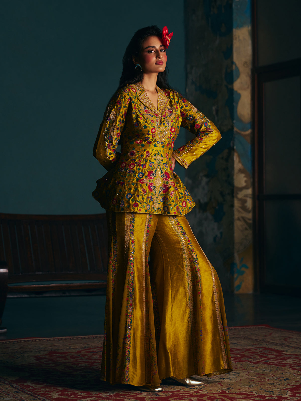 Mustard yellow womens angrakha suit with floor length sharara