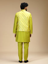 Lime green banarasi brocade silk mens nehru jacket set