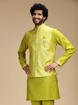Lime green banarasi brocade silk mens nehru jacket set