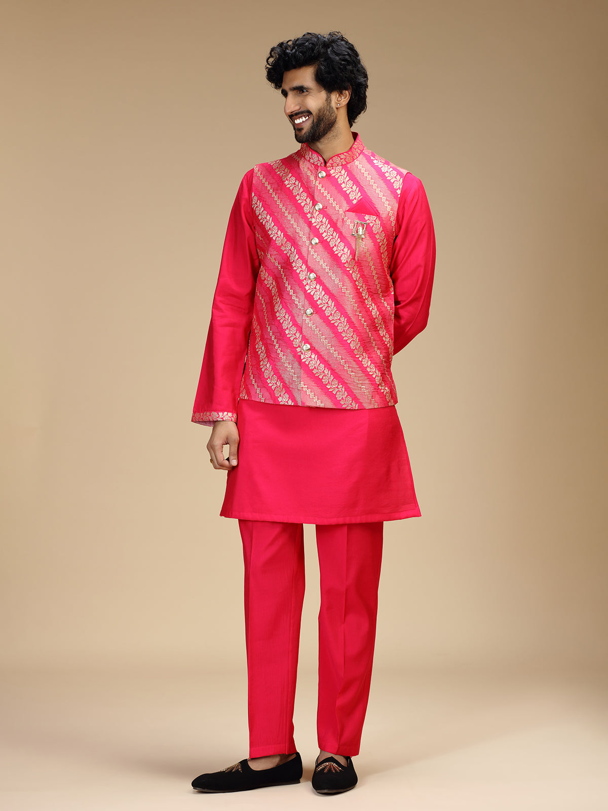 Hot pink banarasi brocade silk mens waistcoat set