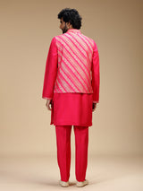 Hot pink banarasi brocade silk mens waistcoat set