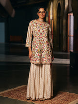 Cream silk womens sharara suit with botanical embroidery