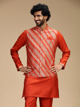 Rust orange banarasi brocade silk mens nehru jacket set