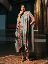 Grey womens designer kaftan style fusion suit with floral print