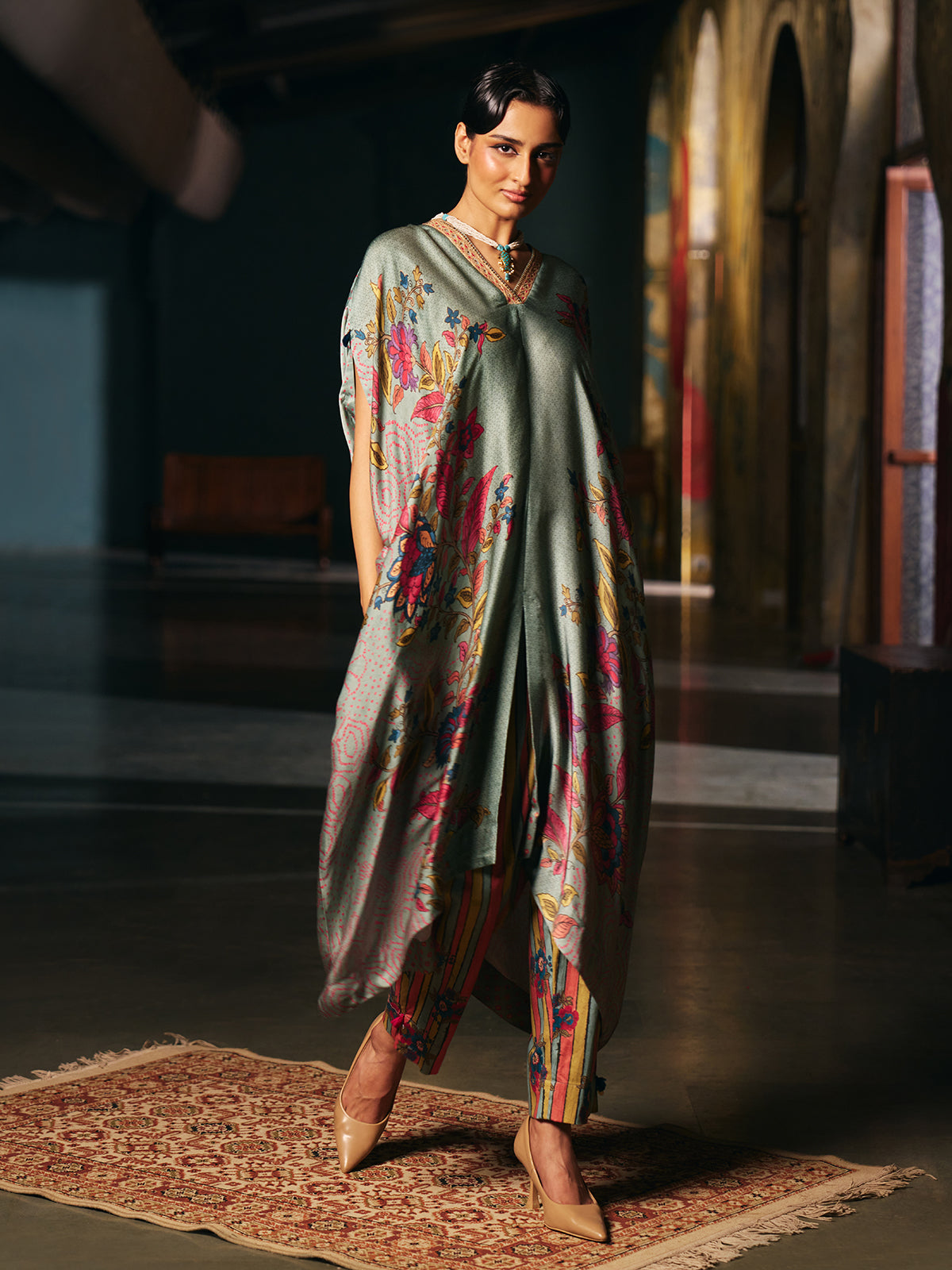 Grey womens designer kaftan style fusion suit with floral print