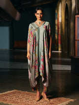 Grey womens designer kaftan style fusion suit with floral print