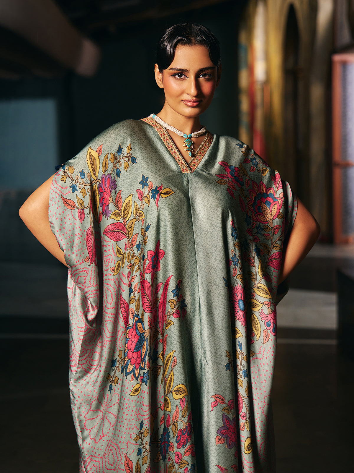 Grey womens designer kaftan style fusion suit with floral print