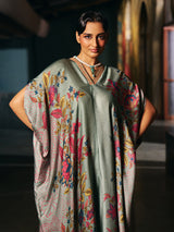 Grey womens designer kaftan style fusion suit with floral print