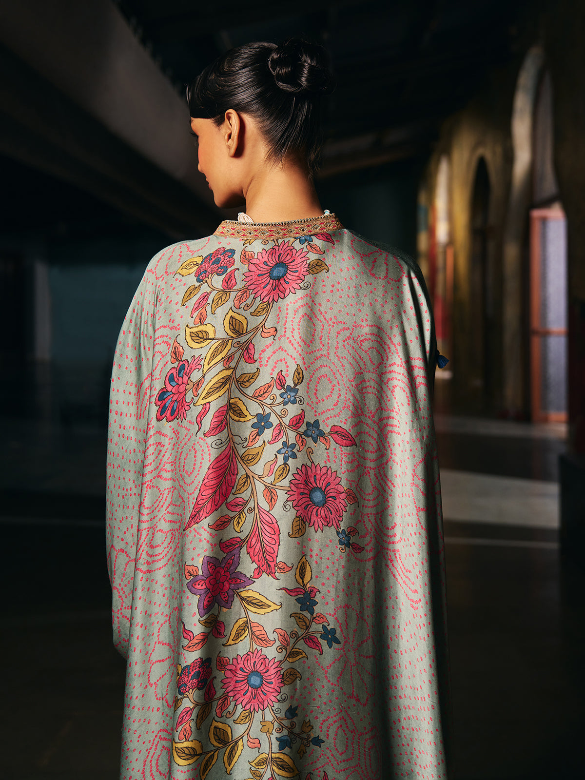 Grey womens designer kaftan style fusion suit with floral print