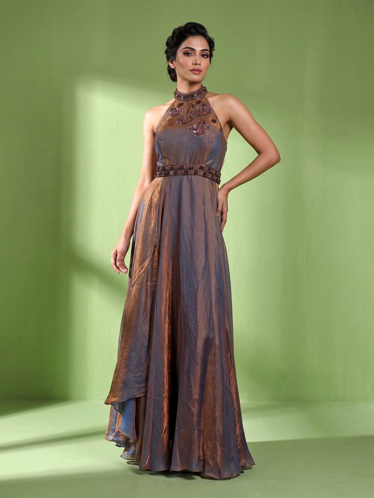 Pastel blue metallic tissue silk anarkali with embellished halter neckline
