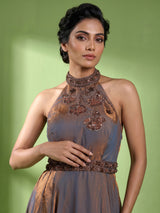 Pastel blue metallic tissue silk anarkali with embellished halter neckline