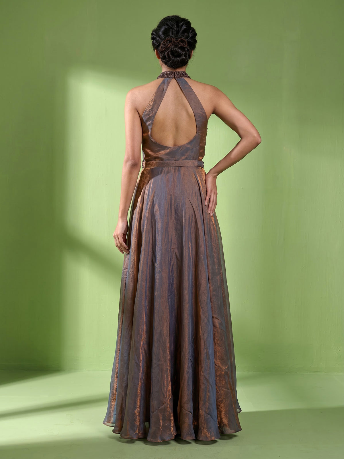 Pastel blue metallic tissue silk anarkali with embellished halter neckline