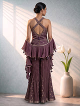Purple chiffon silk designer suit with mirror and resham detailing