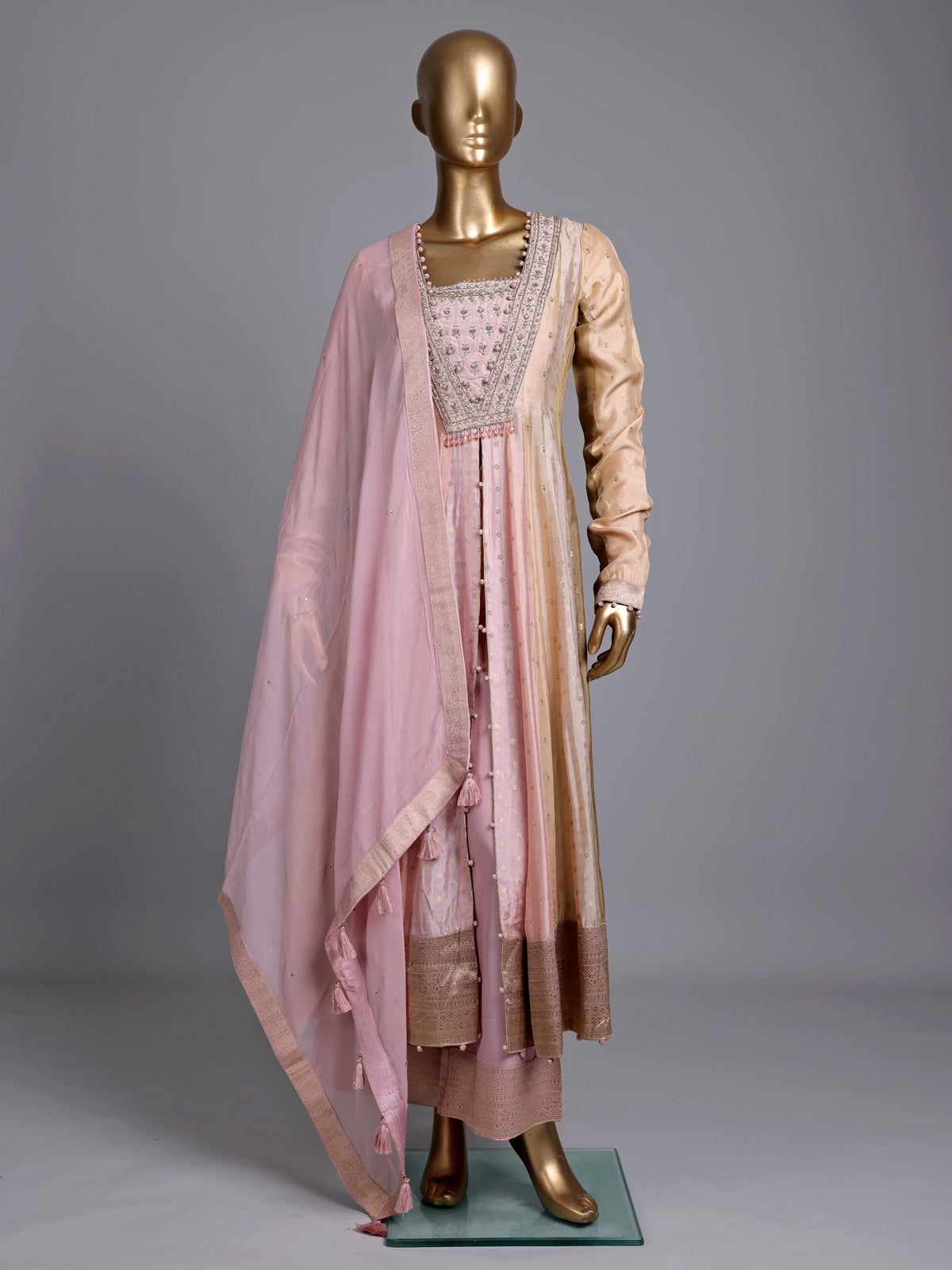 Pink silk anarkali suit with zardosi and diamond embellishments