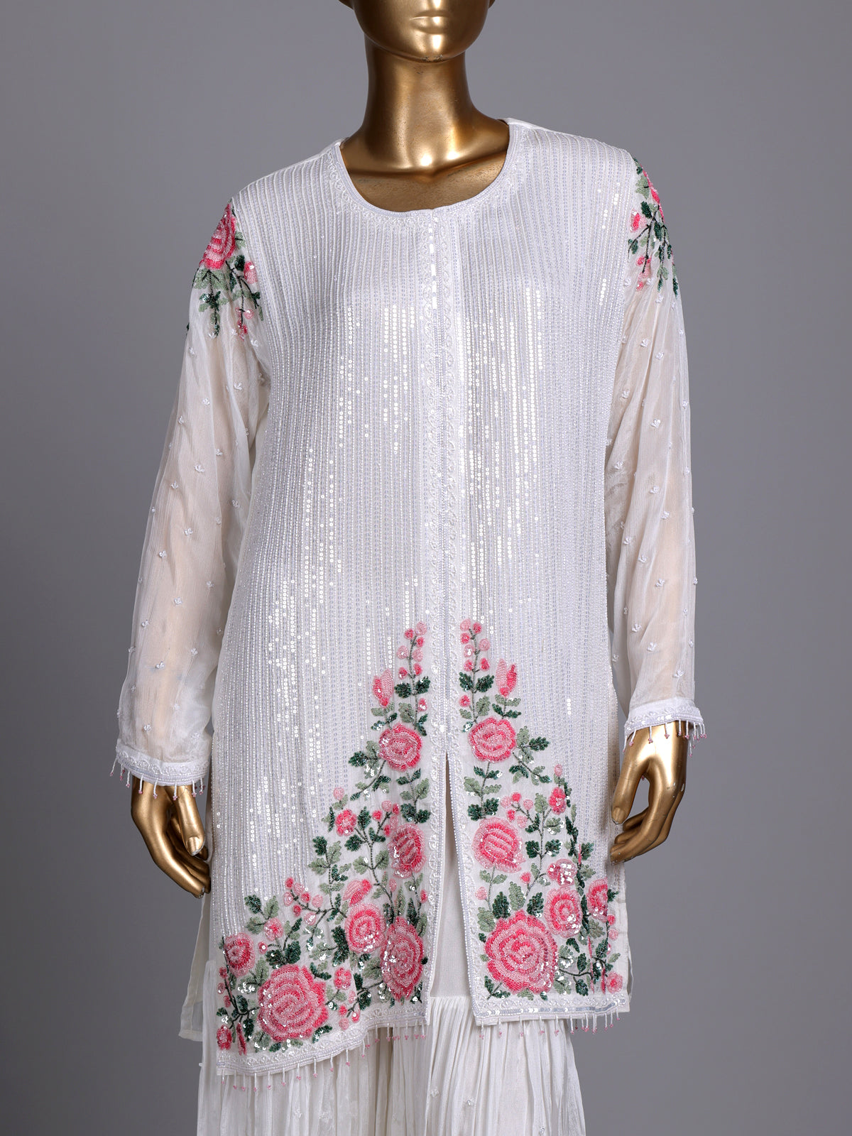 White tissue silk sharara suit with cutdana and tassel detailing