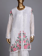 White tissue silk sharara suit with cutdana and tassel detailing