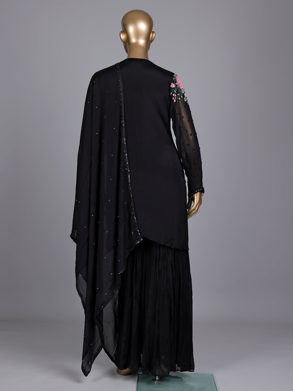Black tissue silk sharara suit with cutdana and tassel detailing