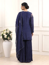 Navy tissue silk sharara suit with sequins and tassel detailing