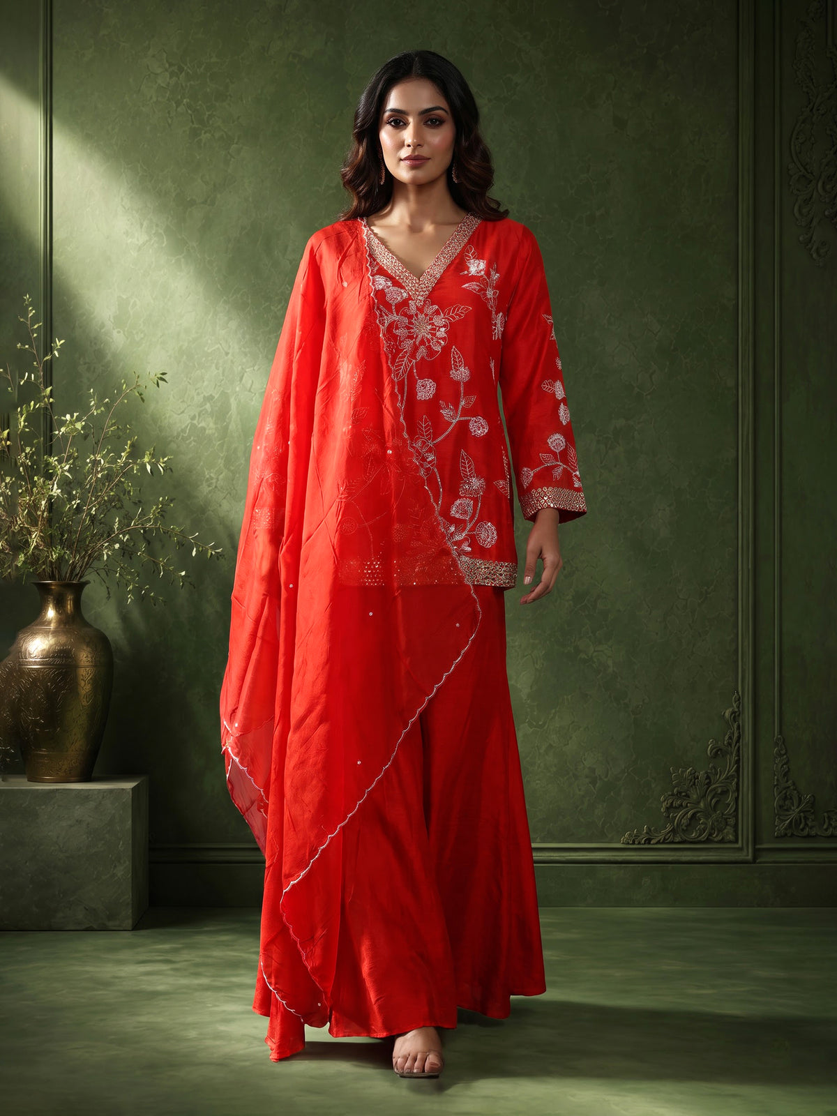 Orange raw silk palazzo suit with zardosi and aabla embellished dupatta