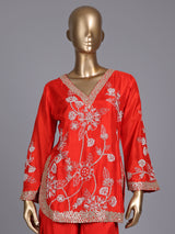 Orange raw silk palazzo suit with zardosi and aabla embellished dupatta