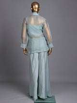 Mint blue organza and satin silk designer palazzo suit with cutdana