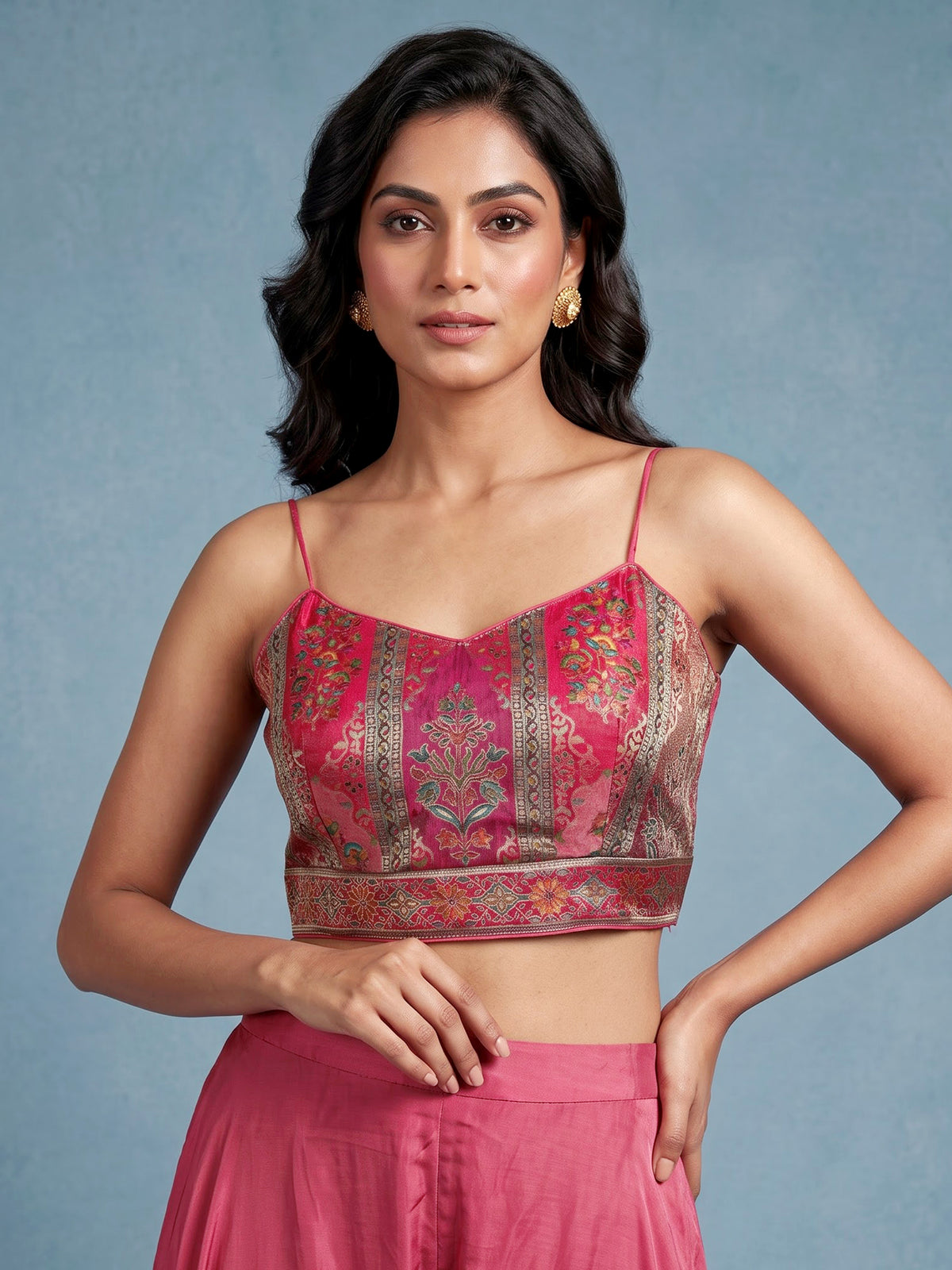 Pink satin silk designer three piece palazzo suit with colourful motifs