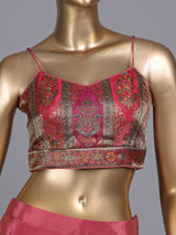 Pink satin silk designer three piece palazzo suit with colourful motifs