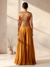 Mustard yellow satin silk designer three piece palazzo suit with zardosi