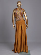 Mustard yellow satin silk designer three piece palazzo suit with zardosi