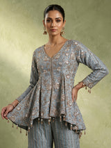 Mint blue tissue silk palazzo suit with cutdana and sequins