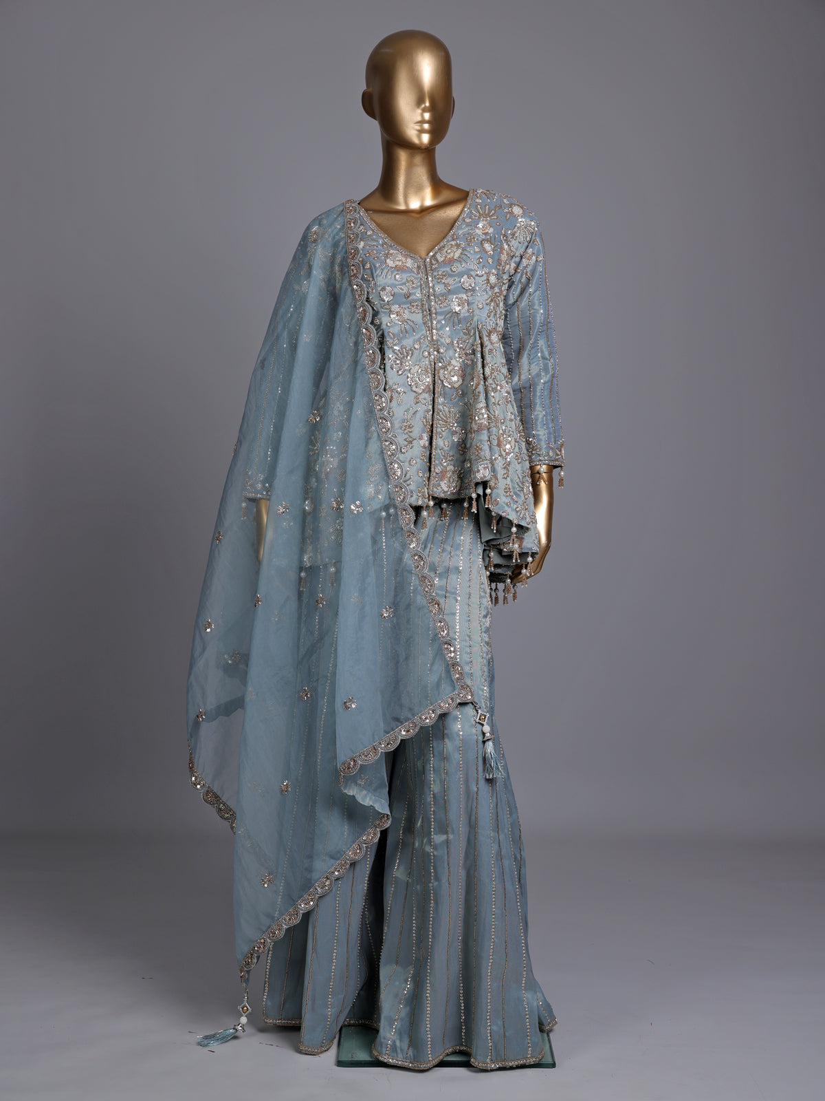 Mint blue tissue silk palazzo suit with cutdana and sequins