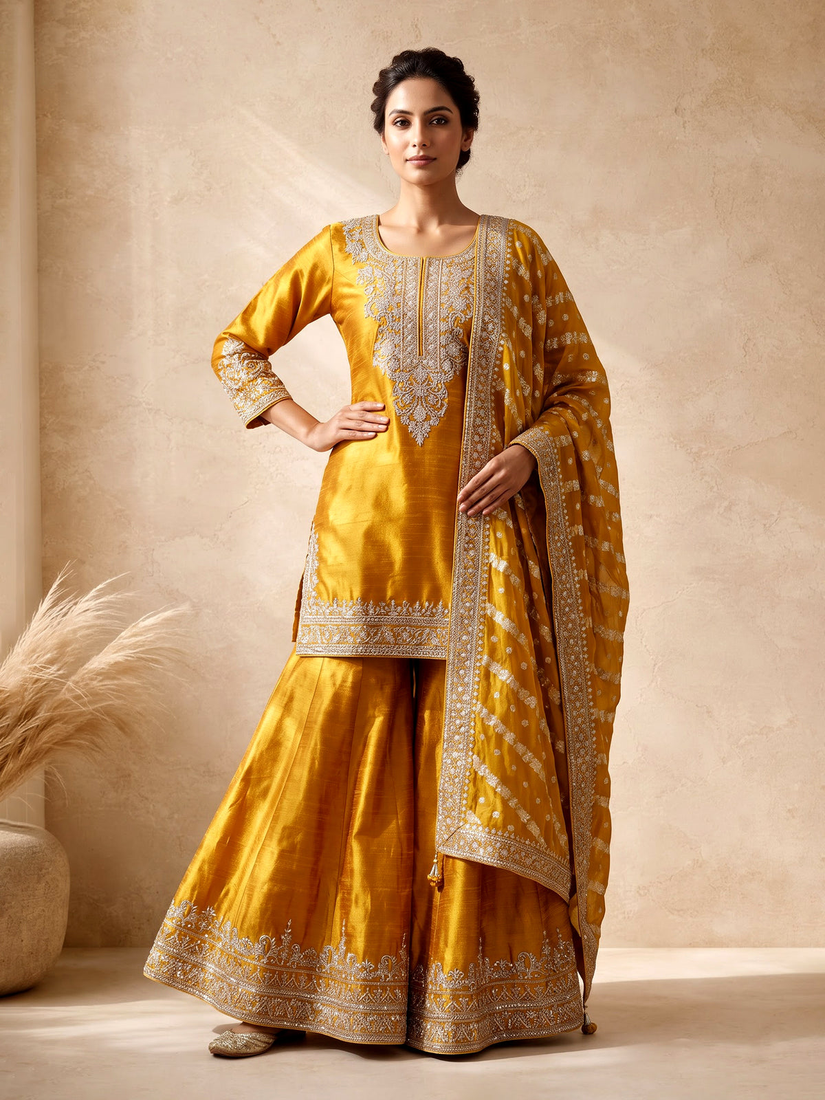 Mustard yellow raw silk punjabi suit with zari dupatta detailing