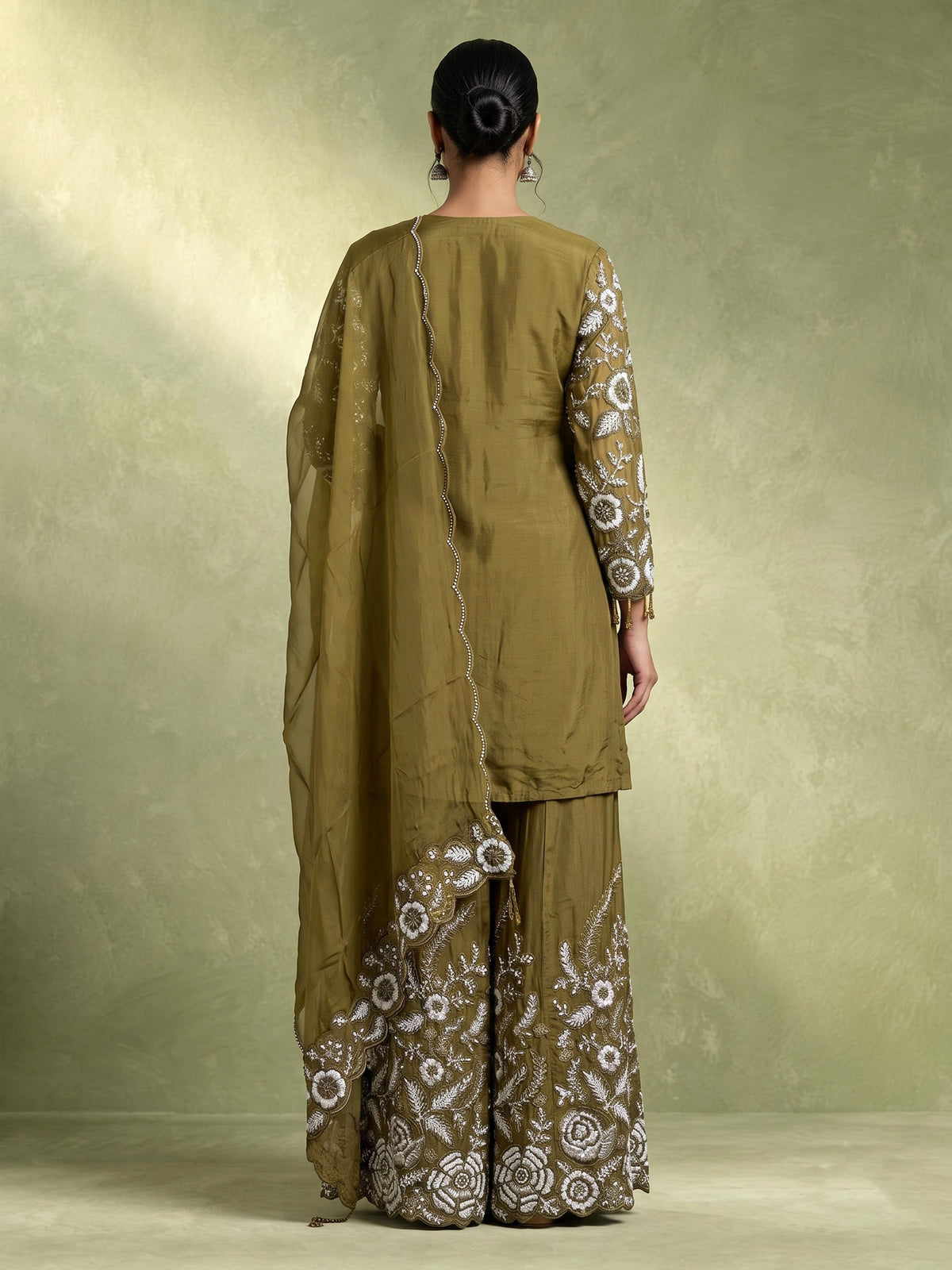 Mehendi green tissue silk pakistani palazzo suit with pearl detailing