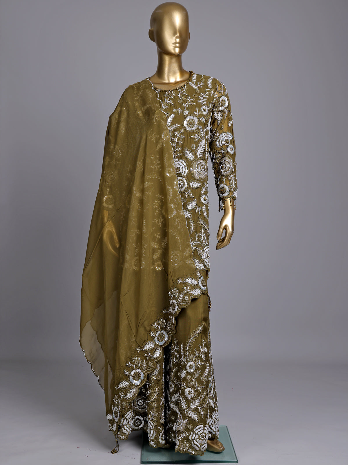 Mehendi green tissue silk pakistani palazzo suit with pearl detailing