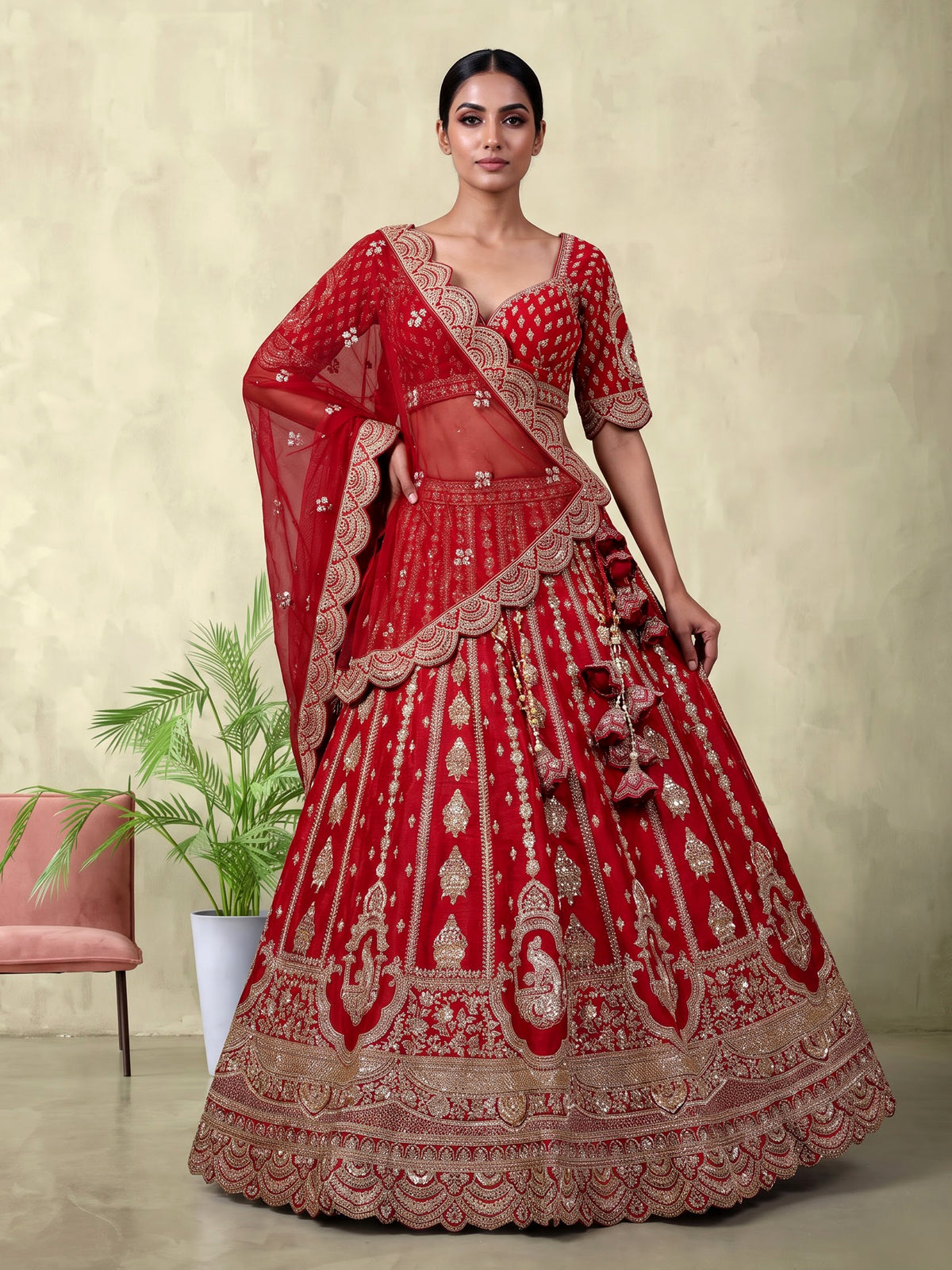 Red silk bridal lehenga choli with exquisite zardosi embellishments